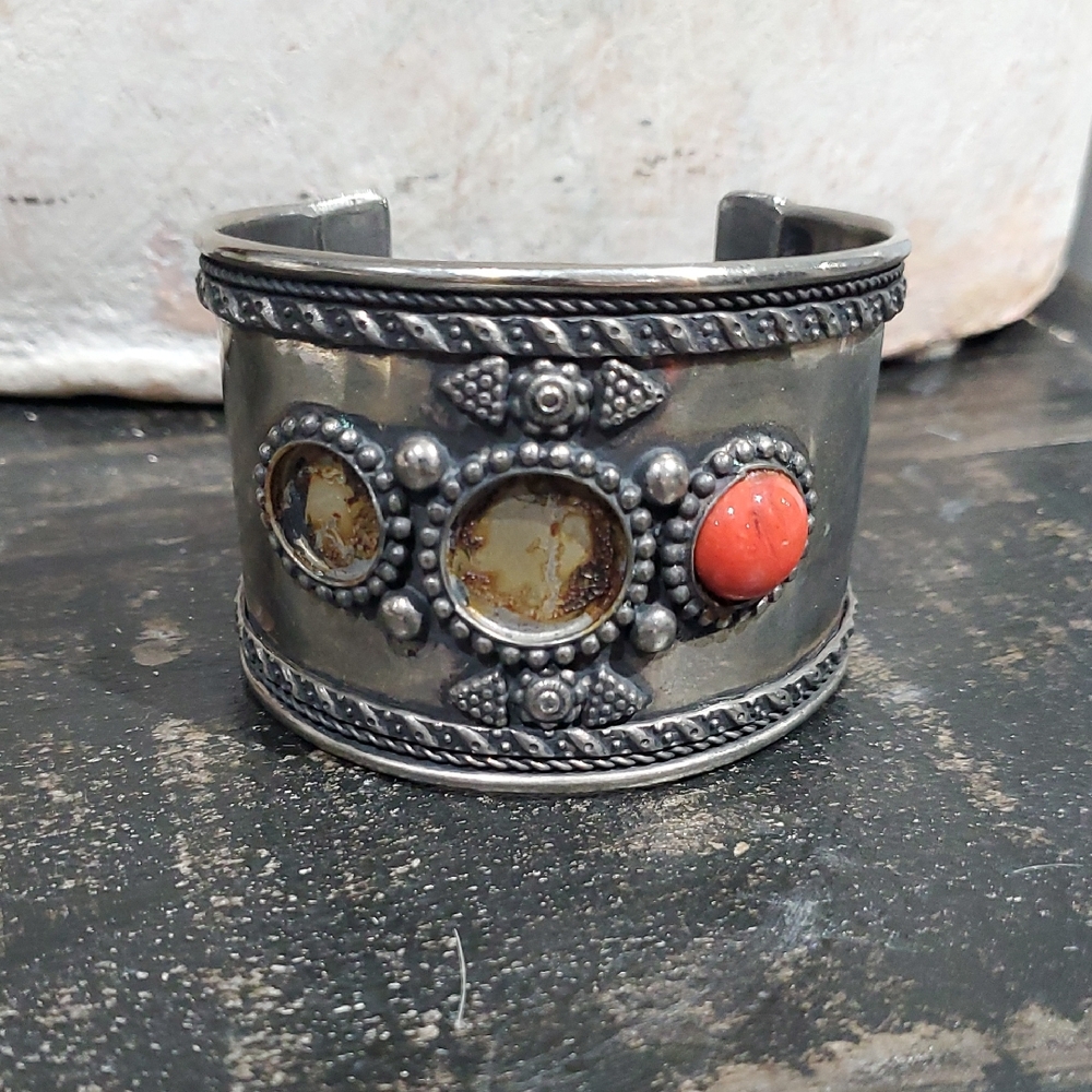 Vintage Silver and Coral Accent Cuff Bracelet Armor Brutalist Warrior Rustic